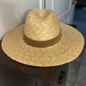Gigi Pip Isla Straw Wide Brim Fedora Hat with Brown Suede Leather Hat Band.